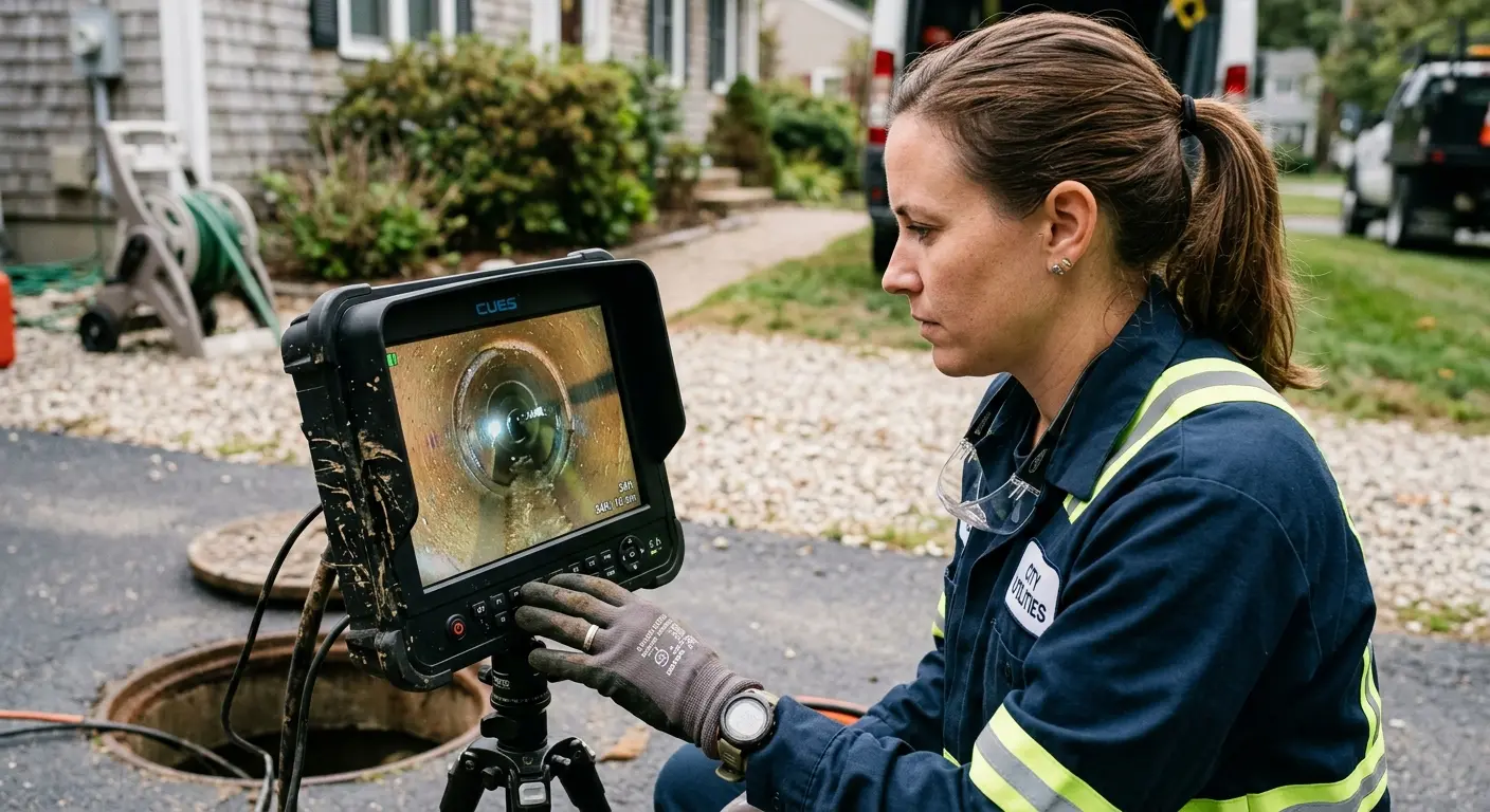 Technician reviewing sewer camera inspection footage in Guadalupe