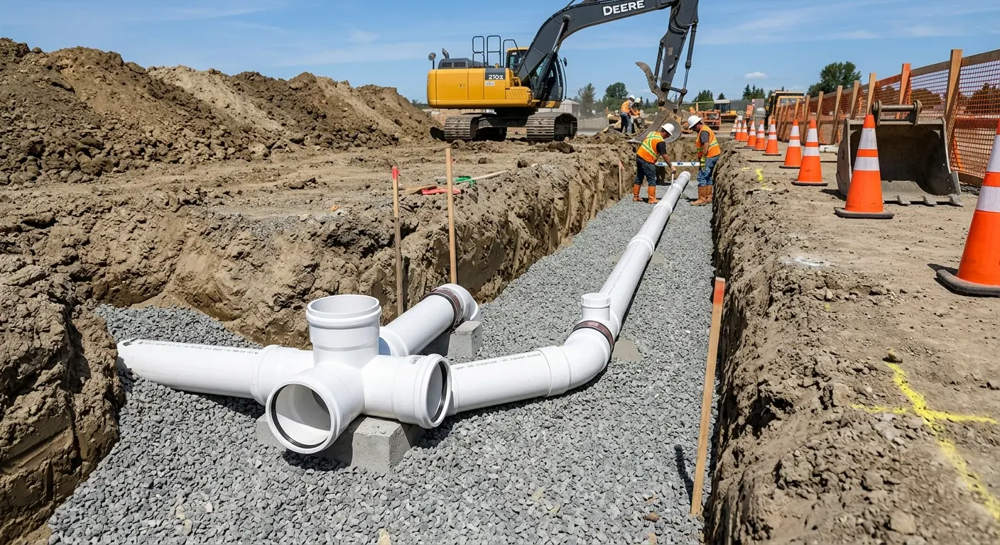 New PVC sewer pipe installation in open trench for Sewer Backup in Guadalupe