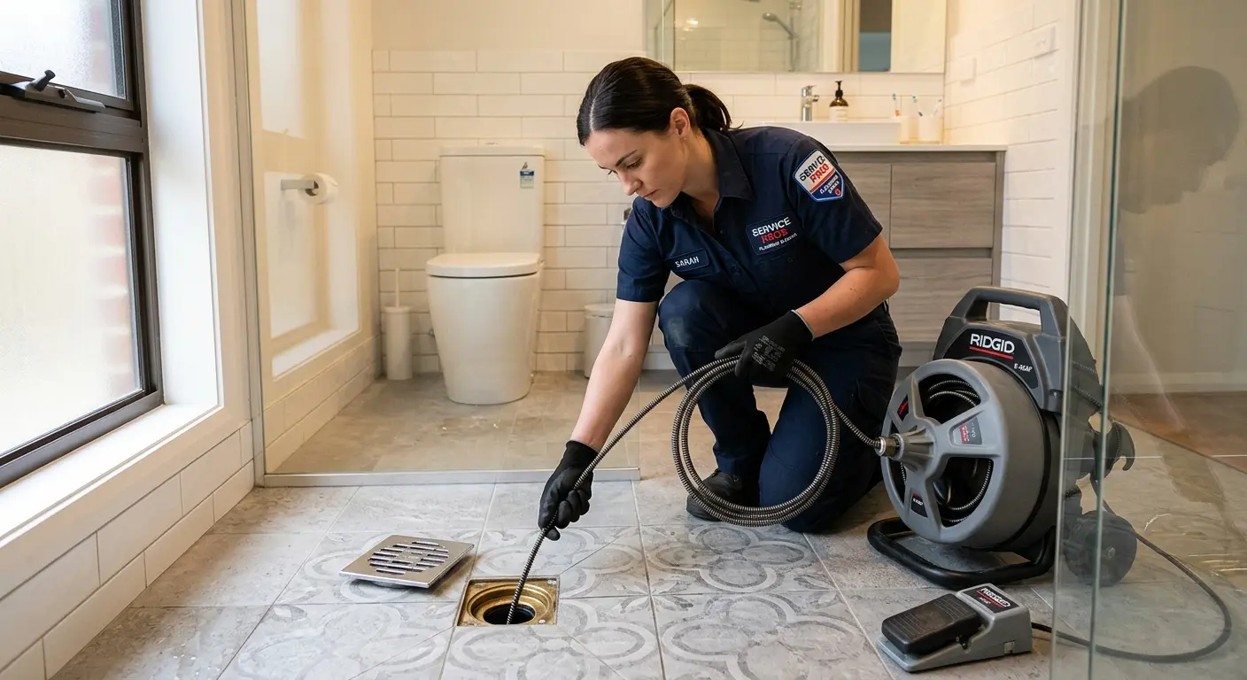 Technician clearing a bathroom floor drain for Drain Cleaning in Guadalupe